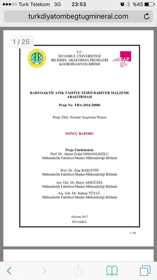 T.C. İSTANBUL ÜNİVERSİTESİ BİLİMSEL ARAŞTIRMA PROJELERİ KOORDİNASYON BİRİMİ RADYOAKTİF ATIK TASFİYE TESİSİ BARİYER MALZEME ARAŞTIRMASI Proje No: FBA-2016-20086 Proje Türü: Normal Araştırma Projesi SONUÇ RAPORU Proje Yürütücüsü: Prof. Dr. Ahmet Erdal OSMA